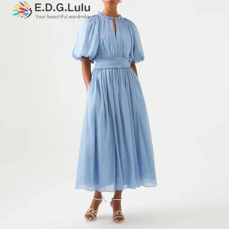 Шикарная Дизайнерская одежда EDGLuLu, женское платье с круглым вырезом и пышными рукавами, блестящее синее платье, элегантное свободное Сетчатое длинное платье для отдыха, 0310
Шикарная Дизайнерская одежда EDGLuLu, женское платье с круглым вырезом и пышными рукавами, блестящее синее платье, элегантное свободное Сетчатое длинное платье для отдыха, 0310