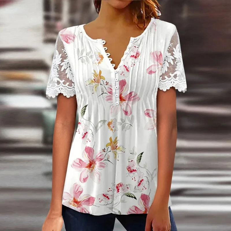 2023 New Fashion Women T-Shirt V Neck Sexy Short Sleeve Lace Patchwork Flower Print T Shirt Women's Summer Loose Tee Tops
2023 New Fashion Women T-Shirt V Neck Sexy Short Sleeve Lace Patchwork Flower Print T Shirt Women's Summer Loose Tee Tops