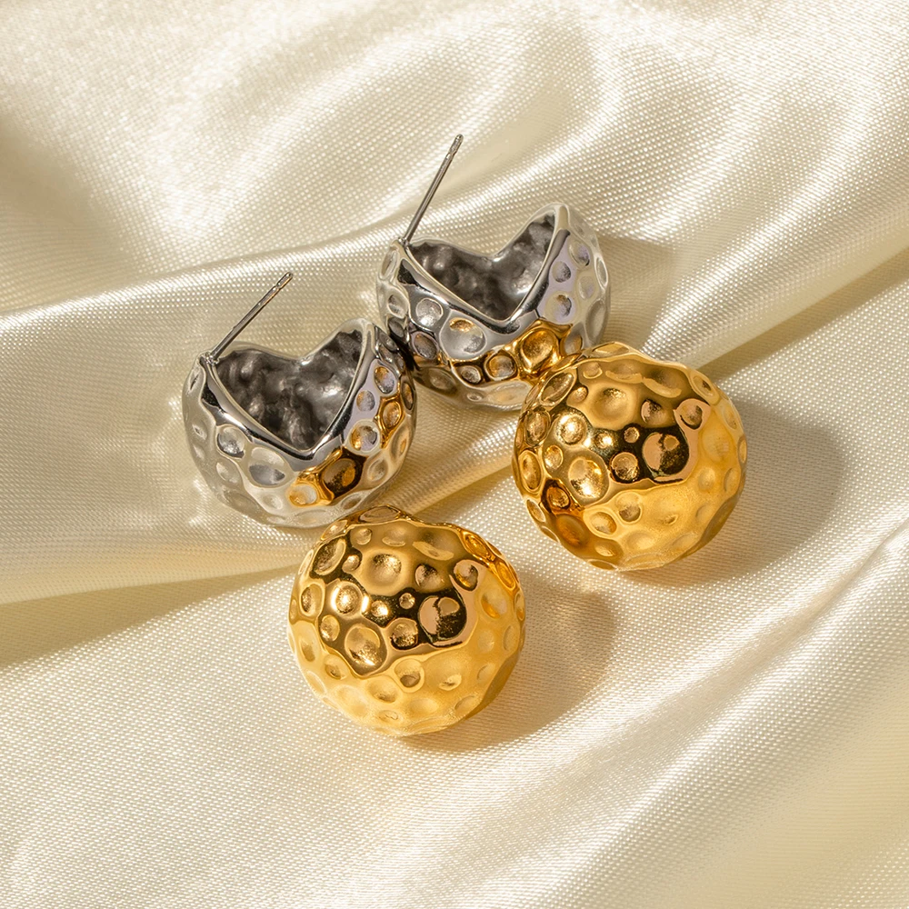 Round Shape Stud Hammer Grain Ball Earrings 18K PVD Gold Plated Stainless Steel Elegance Drop Earrings For Women
Round Shape Stud Hammer Grain Ball Earrings 18K PVD Gold Plated Stainless Steel Elegance Drop Earrings For Women