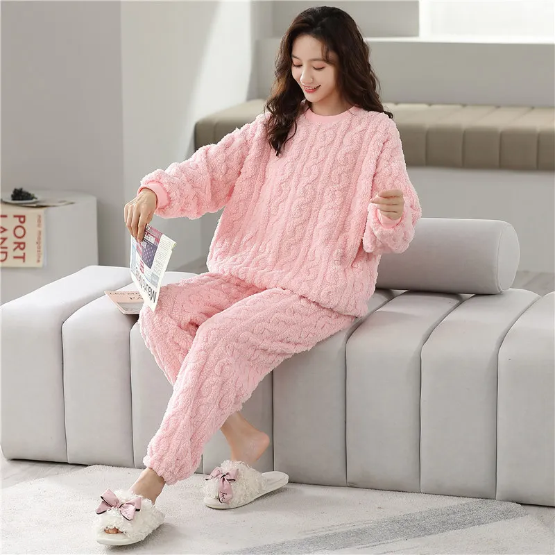 

2pcs Thickened Plush Women's Pajamas Winter Flannel Warm Nightgown Long Sleeve Top Trousers Coral Fleece Pijama for Women Pjs