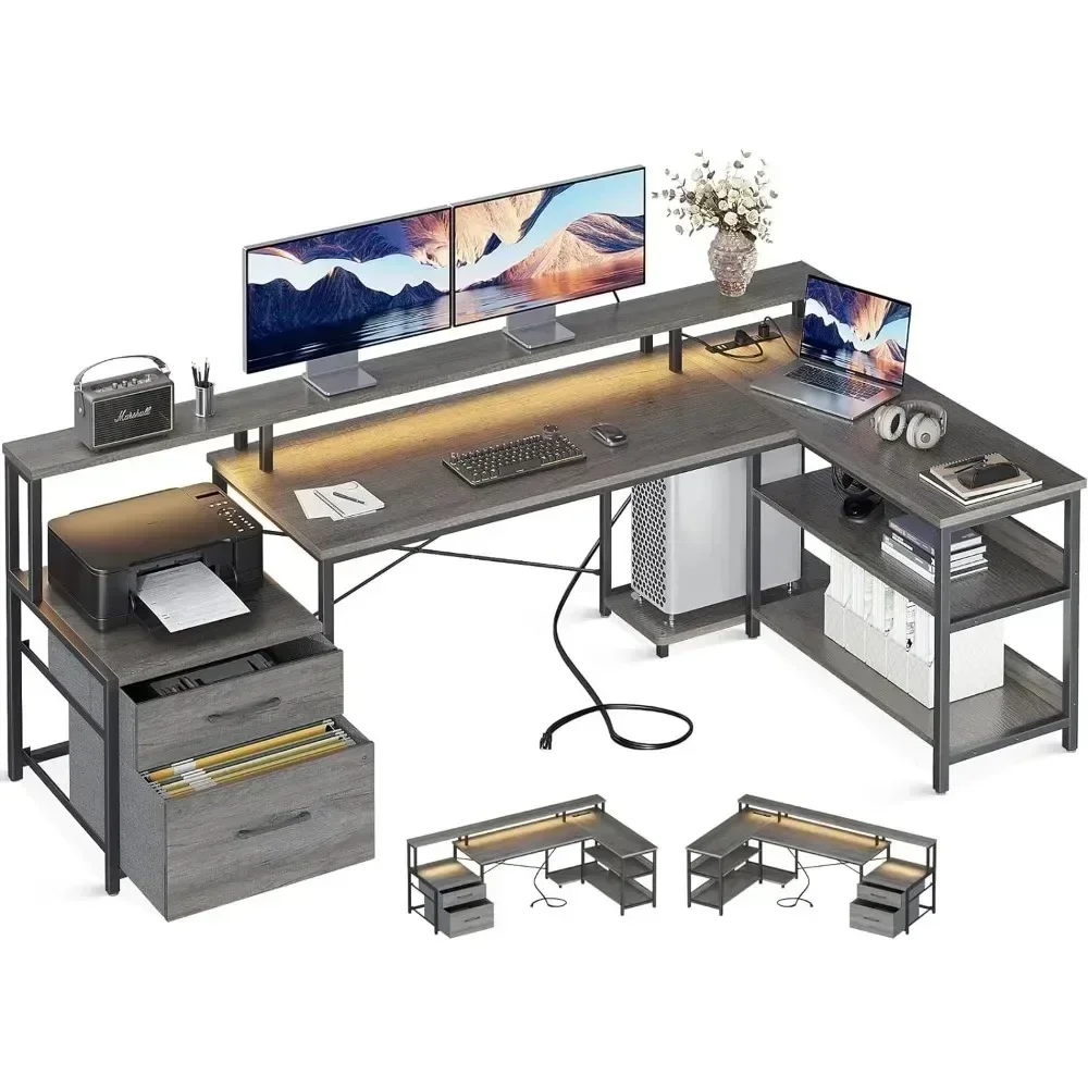 

Стол L-образный с выдвижным ящиком для файлов, двусторонний компьютерный стол L-образной формы 75 дюймов с розеткой питания и светодиодной лентой, с полками для хранения