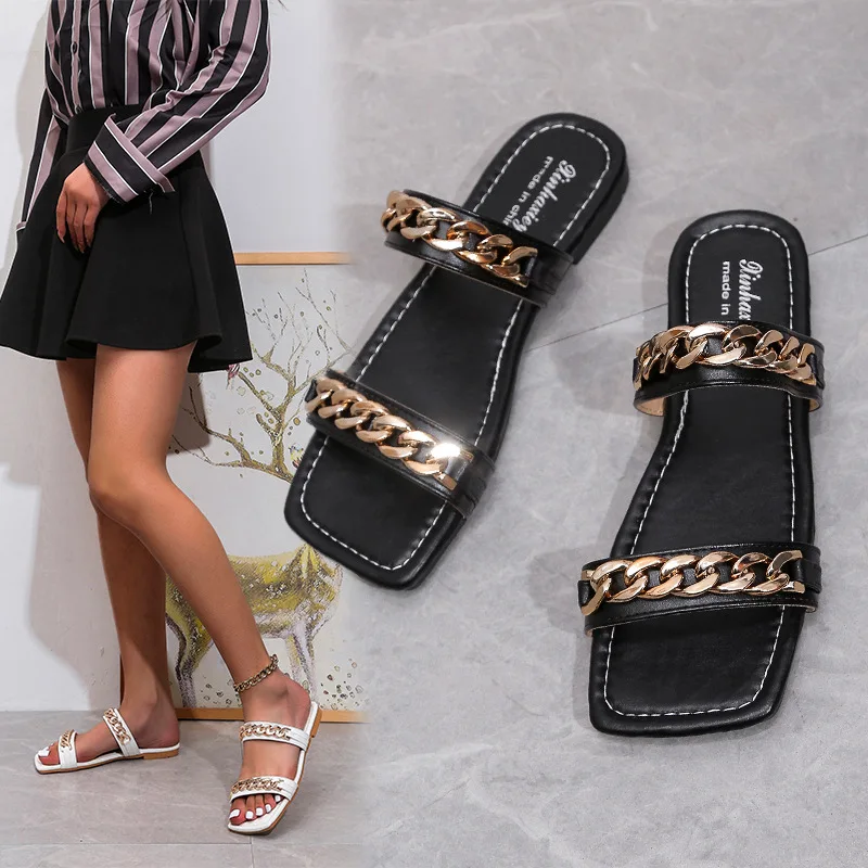 Beach Slippers Summer Outdoor Metal Chain Open Toe Square Head Leisure Shoes Luxury Sandals Women Designers Sandalias Mujer 2022
Beach Slippers Summer Outdoor Metal Chain Open Toe Square Head Leisure Shoes Luxury Sandals Women Designers Sandalias Mujer 2022