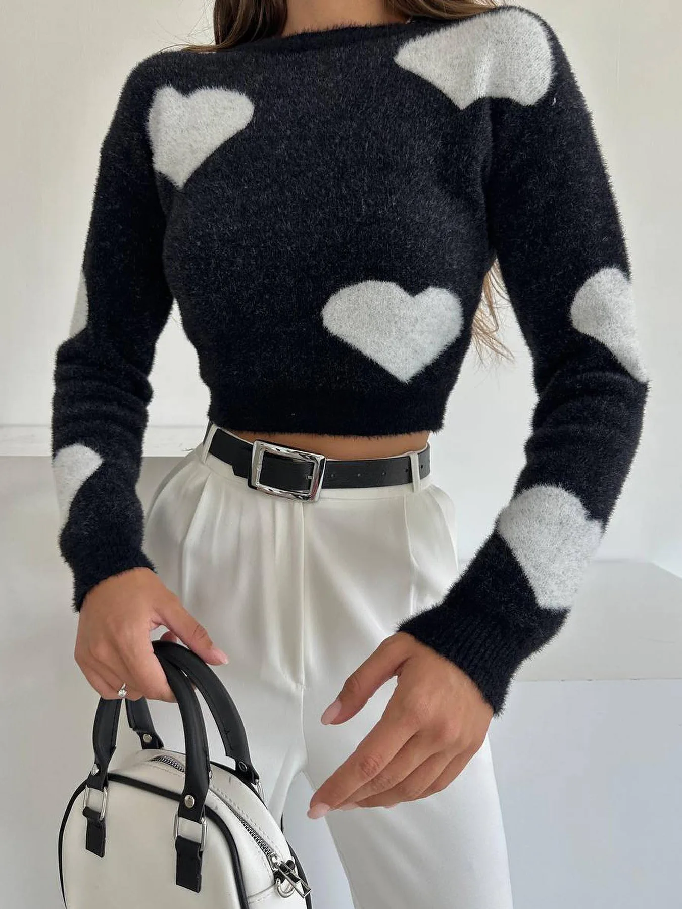 

Осенний вязаный жаккардовый женский свитер с круглым вырезом, облегающий укороченный пуловер с длинным рукавом, свитеры, Модный женский Шикарный джемпер 2023