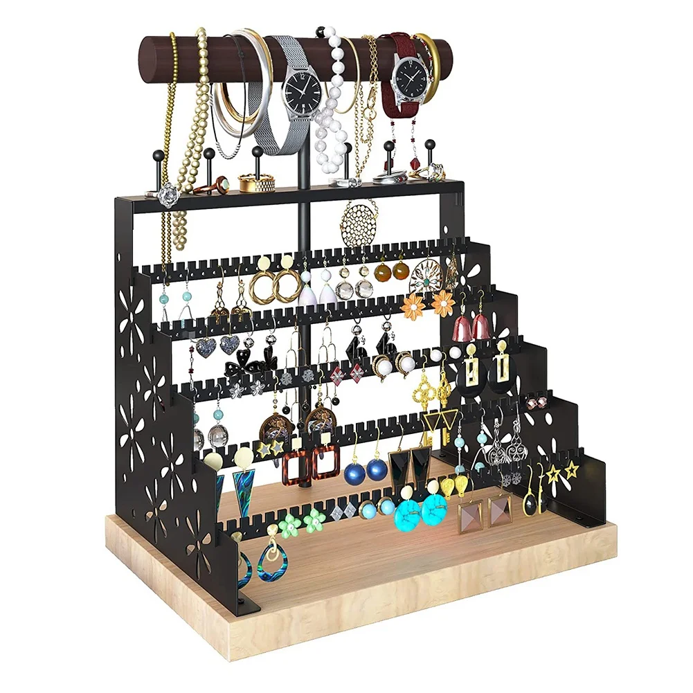 Jewelry Organizer, 5-Tier Metal Earring Organizer with 325 Earring Holes, Wooden Necklace Holder,for Necklace Bracelet
Jewelry Organizer, 5-Tier Metal Earring Organizer with 325 Earring Holes, Wooden Necklace Holder,for Necklace Bracelet