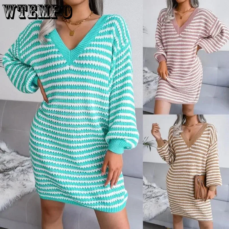 V Neck Knitted Sweater Dresses for Women Plus Size Loose Lantern Long Sleeve Pullover Striped Sweater Dress Winter Pink Sweater
V Neck Knitted Sweater Dresses for Women Plus Size Loose Lantern Long Sleeve Pullover Striped Sweater Dress Winter Pink Sweater