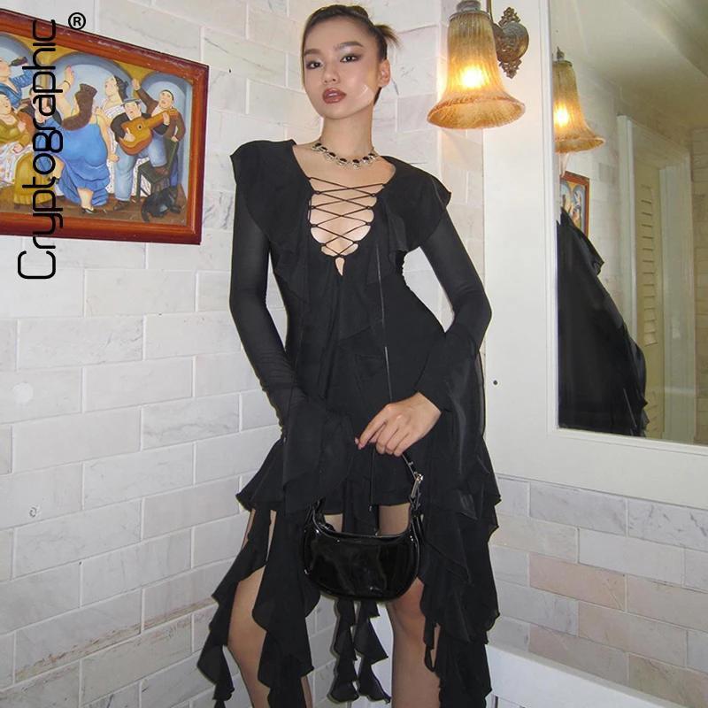 Cryptographic Bandage Lace Up Sexy Mini Dress Outfits for Women Long Sleeve Party Mesh Ruffle See Through V Neck Dresses Vestido
Cryptographic Bandage Lace Up Sexy Mini Dress Outfits for Women Long Sleeve Party Mesh Ruffle See Through V Neck Dresses Vestido