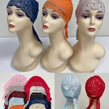 African Lace Embroidery Womens Turban Cap Summer Beading Hijab Bonnet Ladies Head Wraps Muslim Hat Mom Grandmother Hat 12pcs