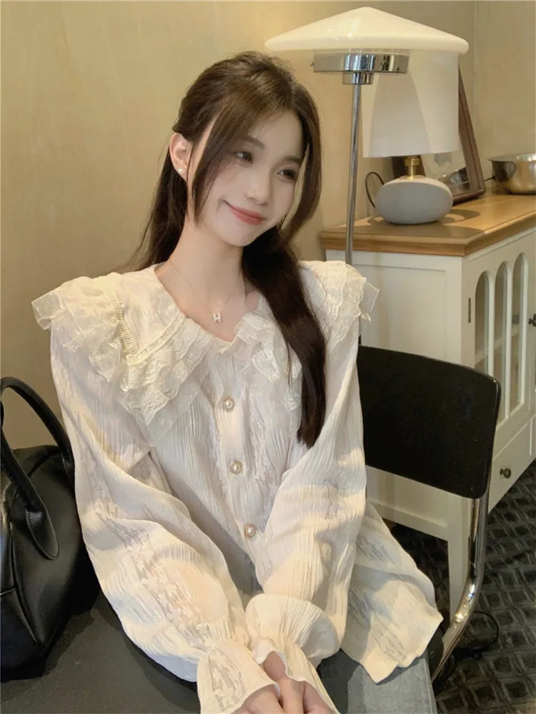 Women's Autumn Lace Shirts Sweet Solid Color Single Breasted Lapel Casual Blouses Female Casual Long Sleeve Blusas Mujer 2023 
Women's Autumn Lace Shirts Sweet Solid Color Single Breasted Lapel Casual Blouses Female Casual Long Sleeve Blusas Mujer 2023