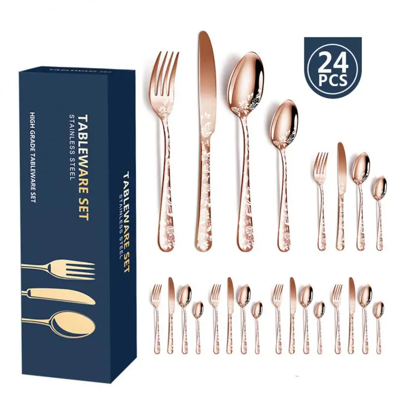 24Pcs Patterned Golden Cutlery Set Stainless Steel Knife Fork Spoon Tableware Flatware Set Festival Kitchen Dinnerware Gift
24Pcs Patterned Golden Cutlery Set Stainless Steel Knife Fork Spoon Tableware Flatware Set Festival Kitchen Dinnerware Gift
