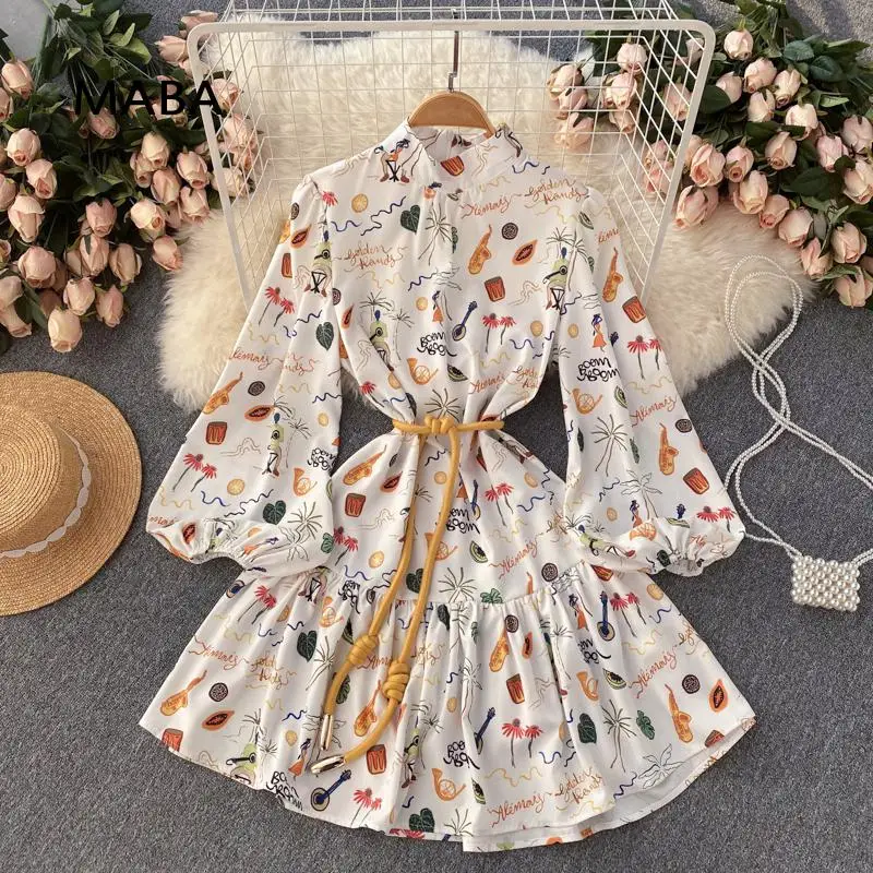 Women Puff Long Sleeve White Print Loose Short Bandage Dress 2022 Spring New Stand Collar Fashion Designer Sweet Party Dresses
Women Puff Long Sleeve White Print Loose Short Bandage Dress 2022 Spring New Stand Collar Fashion Designer Sweet Party Dresses