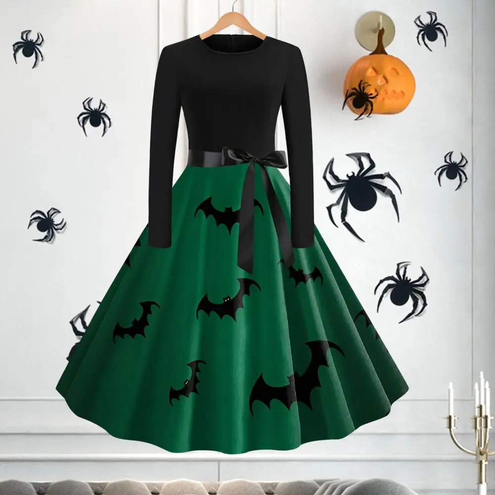 

Tight Waist Dress Vintage Bat Pumpkin Printed Swing Dress for Women Retro A-line Big Swing Long Sleeve Halloween for Cocktail