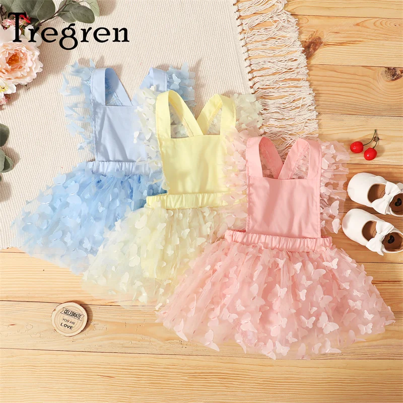 

Tregren Cute Newborn Baby Girl Romper Butterfly Decor Sleeveless Square Neck Design Puffy Mesh Panel Hem Jumpsuit Summer Outfits