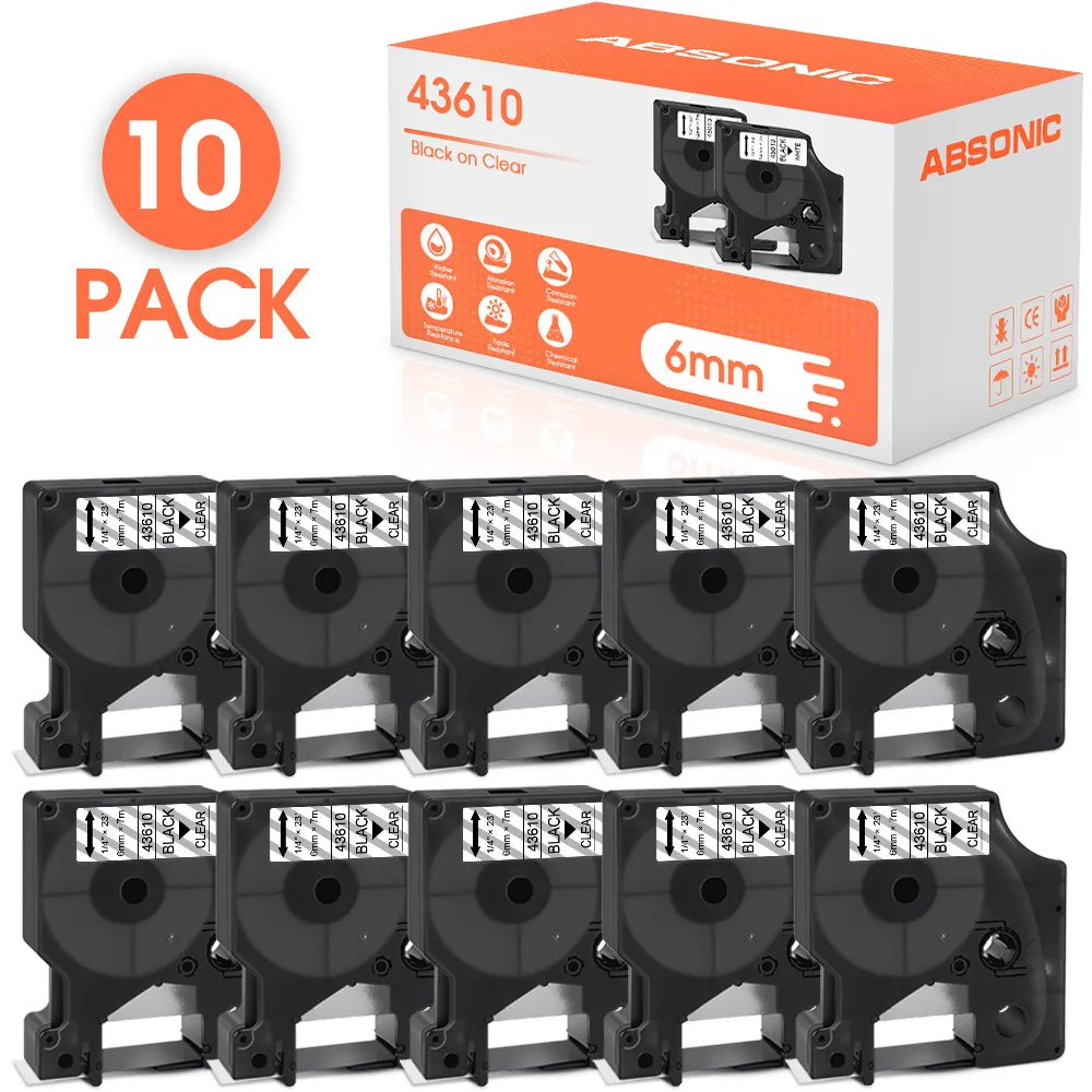 10PK 6mm 43610 Black on Clear Compatible for Dymo D1 Tapes 43610 Label Cassette Ribbon for Dymo LabelPoint 100 150 Label Printer
10PK 6mm 43610 Black on Clear Compatible for Dymo D1 Tapes 43610 Label Cassette Ribbon for Dymo LabelPoint 100 150 Label Printer
