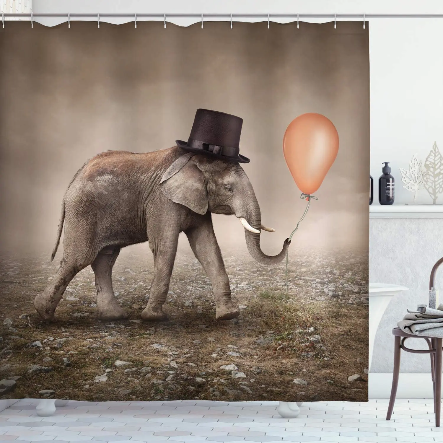 

Elephant Shower Curtain, Illusionist Elephant with Black Hat Magic Balloon Dreamy Surreal Art, Cloth Fabric Bathroom D