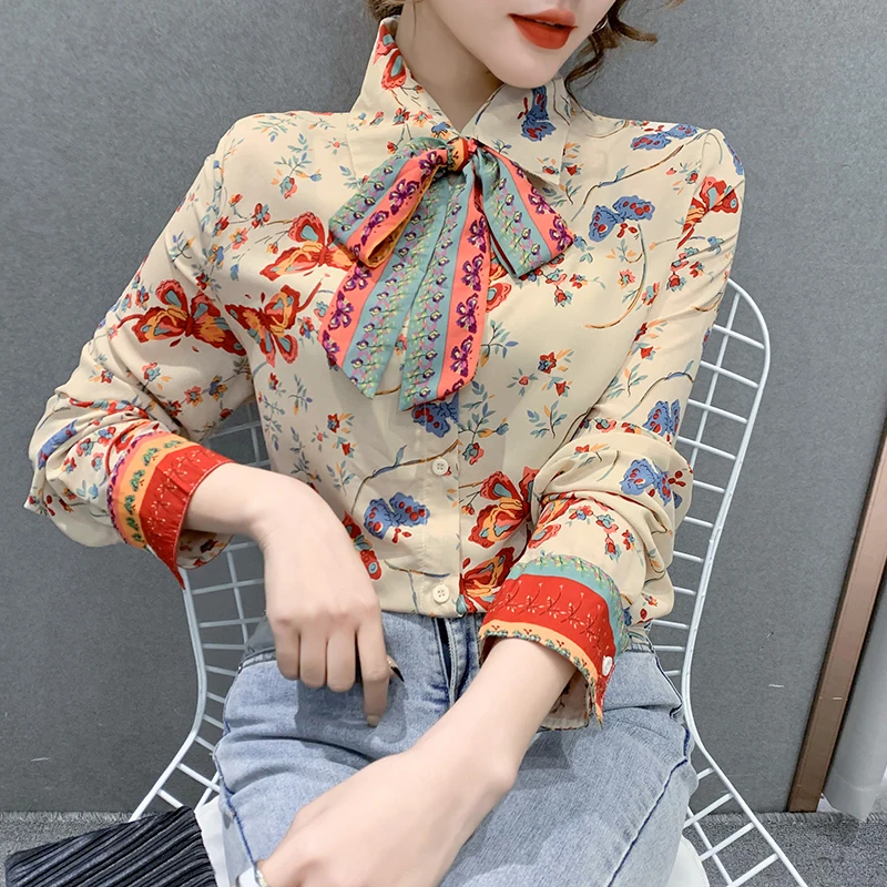 Шифоновая женская блузка, рубашка-поло с принтом, Повседневная летняя модная одежда, Женский Топ с длинным рукавом 
Шифоновая женская блузка, рубашка-поло с принтом, Повседневная летняя модная одежда, Женский Топ с длинным рукавом