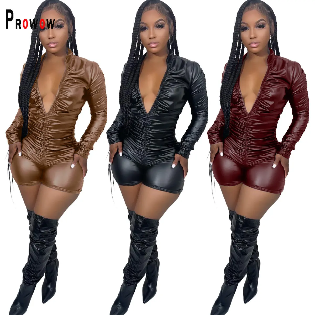 

Prowow Fashion Pu Women Playsuits Folds Long Sleeve High Strench V-neck One-piece Sexy Romper Spring Summer Female Slim Clothing