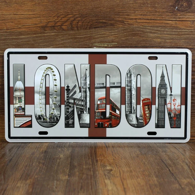 

SYF-A086 Retro license famous car plates Letters slogan " LONDON" vintage metal tin signs garage painting plaque Sticker 15x30cm