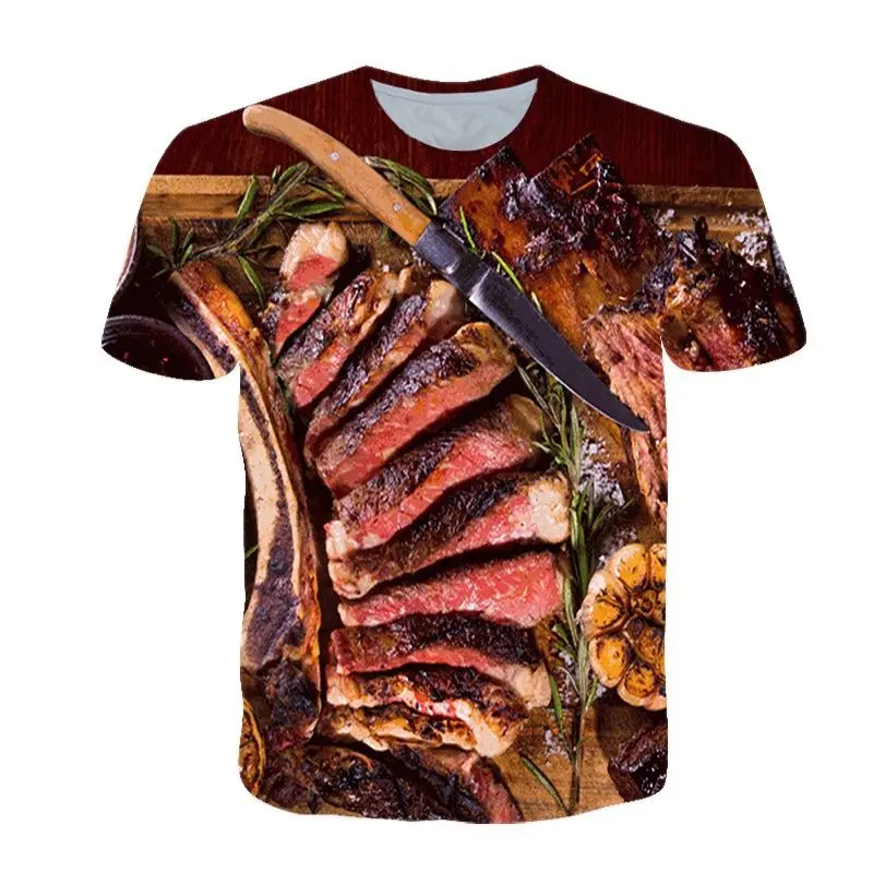 

Men'S Exquisite 3d Steak Printed T-Shirt, Round Neck Casual Short Sleeves, Personalized Trend, Novel And Interesting, Summer