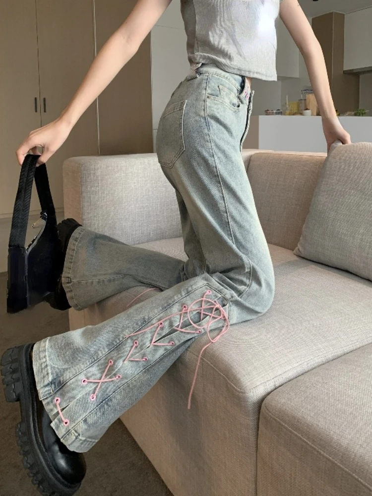 

Женские джинсовые осенние джинсы, повседневные широкие брюки с высокой талией, дизайнерские женские Стильные расклешенные винтажные брюки 2022, облегающие штаны в Корейском стиле