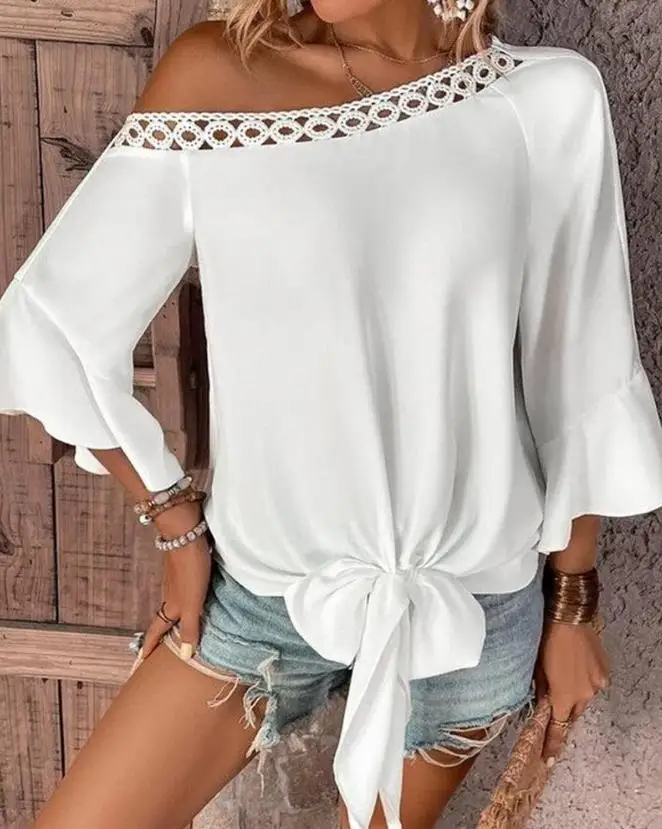 

2023 Spring and Summer New Fashion Casual Popular Women's T-shirt Solid Color Skew Neck Hollow Out Ruffle Sleeve Top