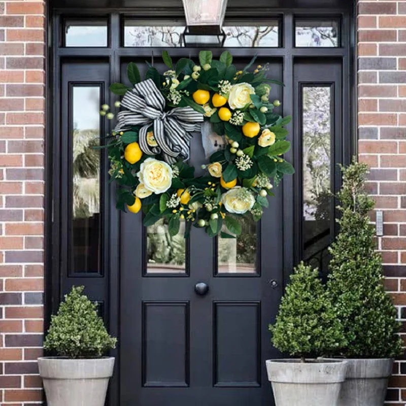 

Новый искусственный венок, круглый год, гирлянда, желтая роза, лимон, плетеные листья, подвеска для входной двери, окна, кухни, Декор