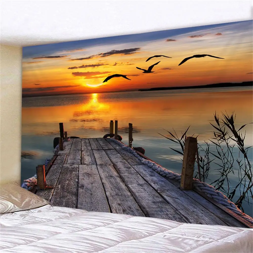 

Bird Wooden Bridge Sunset Landscape Tapestry Bedroom Ocean Coconut Tree Dusk Sea Waves Lake View Wall Hanging Home Decoration
