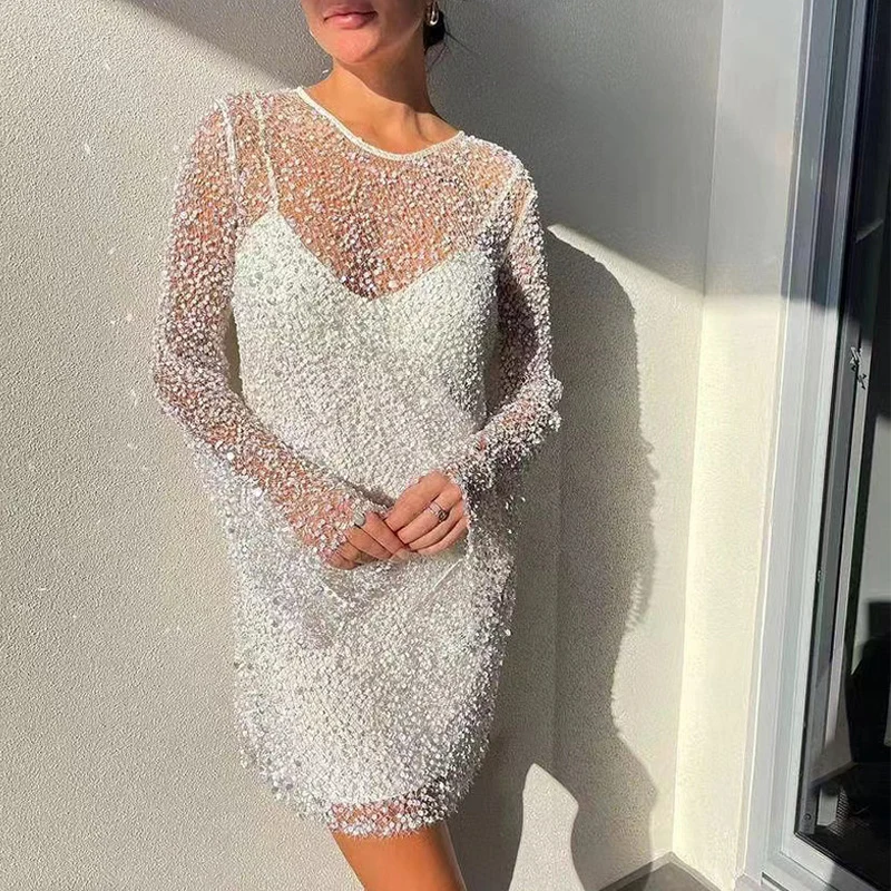 Sexy Transparent Coverup&Sling White Dresses Sets Cocktail Long Sleeve Bead Decoration Two Piece New Women Elegant Mini Dress
Sexy Transparent Coverup&Sling White Dresses Sets Cocktail Long Sleeve Bead Decoration Two Piece New Women Elegant Mini Dress