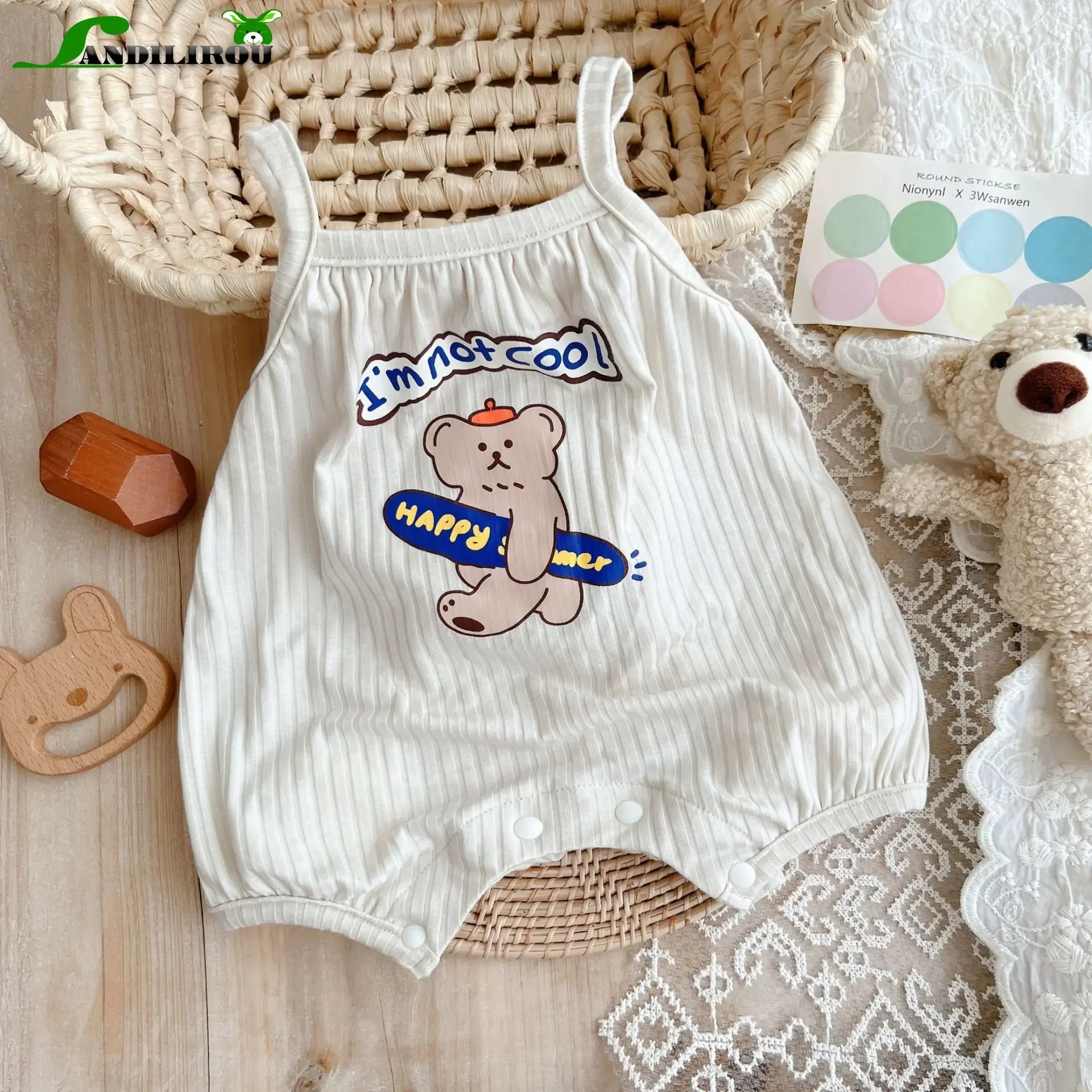 

Cute Cartoon Bear Sling Jumpsuit for Infants Toddlers - 90% Cotton, Thin, Breathable Perfect Summer Kids Baby Romper