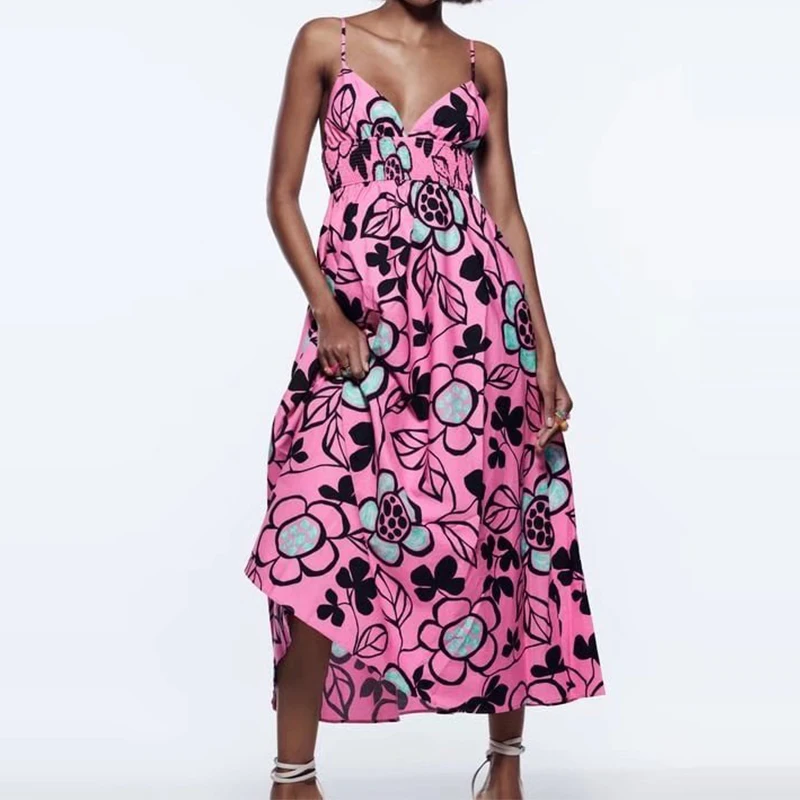 Summer 2022 Women V Neck Spaghetti Strap Midi Dress Sleeveless Backless Female Print Beach Style Dress Vestidos XX8502 
Summer 2022 Women V Neck Spaghetti Strap Midi Dress Sleeveless Backless Female Print Beach Style Dress Vestidos XX8502