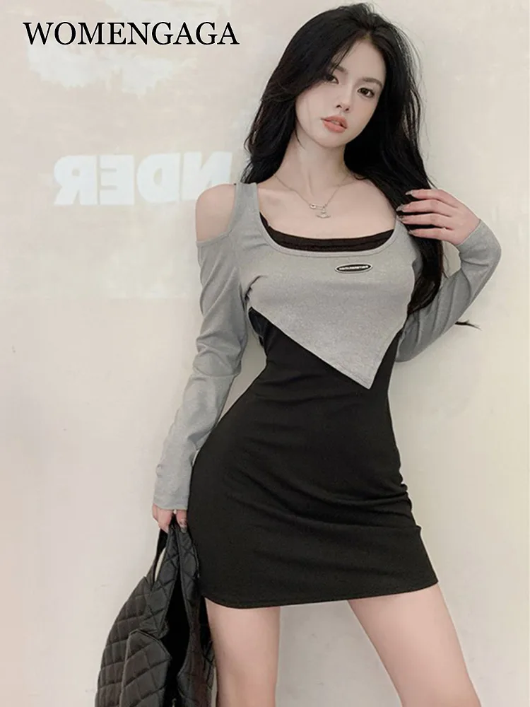 

WOMENGAGA Women Mini Dress Autumn Winter Sweet Spicy Off Shoulder Two Piece Tops Short Sexy High Waist Slim Irregular Top CV51