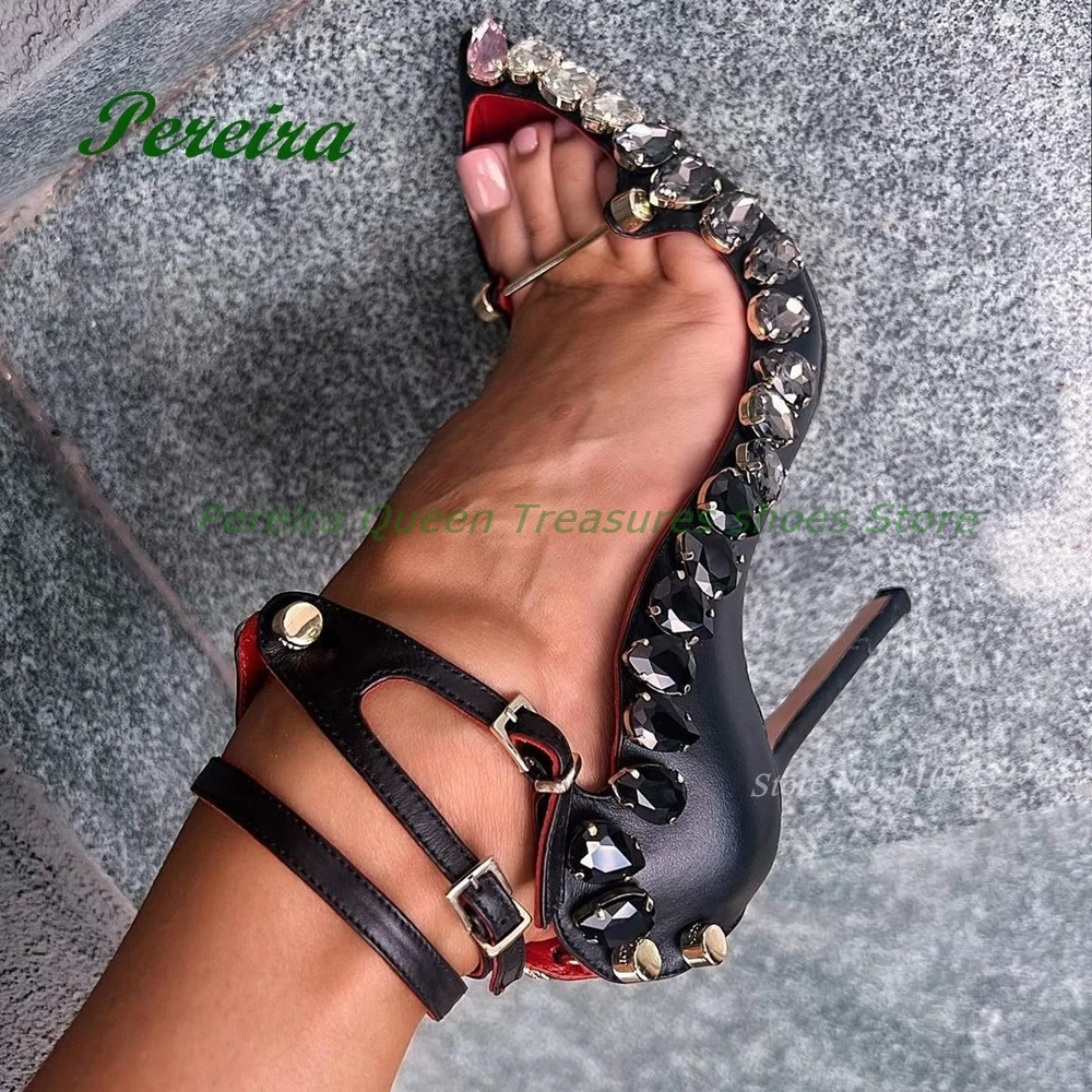 Женские туфли с открытым носком, черные туфли-лодочки с острым носком, ремешком на щиколотке и пряжкой, элегантная обувь большого размера