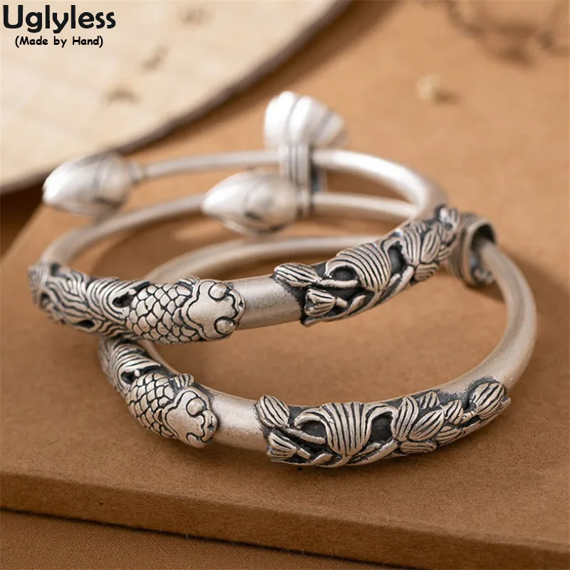 Uglyless Engraved Fish Carp Lotus Bangles for Women Adjustable Push-pull Thick Ethnic Bangle Solid 990 Full Silver Retro Jewelry
Uglyless Engraved Fish Carp Lotus Bangles for Women Adjustable Push-pull Thick Ethnic Bangle Solid 990 Full Silver Retro Jewelry