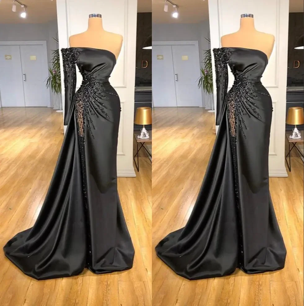 

New Sexy Evening Dresses Trumpet One-Shoulder Long Sleeve Floor-Length Sweep Train Beaded Sequins Crystal Satin Thigh-High Slits