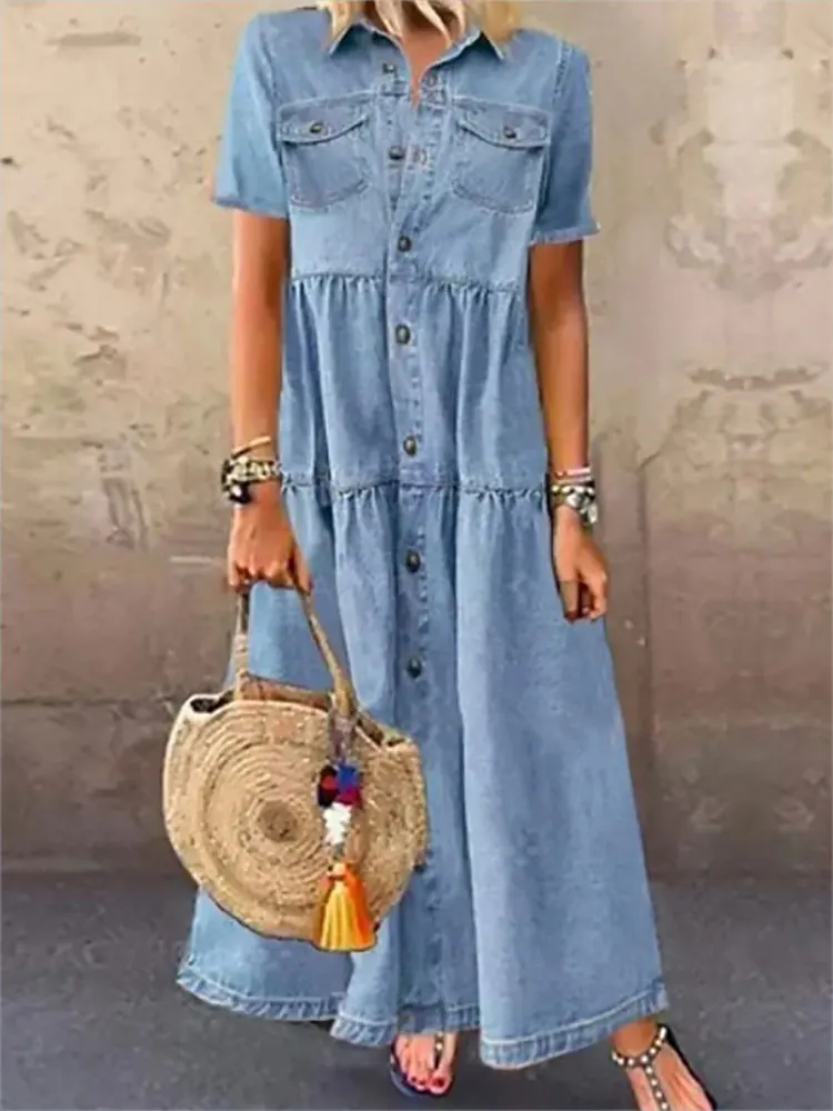 Denim Shirt Dress Women Retro Short Sleeve Maxi Sundress Buttons Long Summer Dress Ladies Boho Beach Pleated Robe Longue
Denim Shirt Dress Women Retro Short Sleeve Maxi Sundress Buttons Long Summer Dress Ladies Boho Beach Pleated Robe Longue