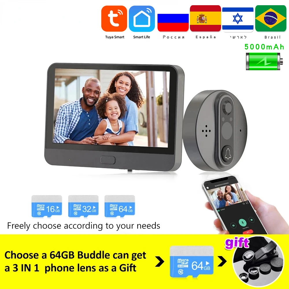 Беспроводной видеозвонок с камерой, 1080P, Wi-Fi 
Беспроводной видеозвонок с камерой, 1080P, Wi-Fi