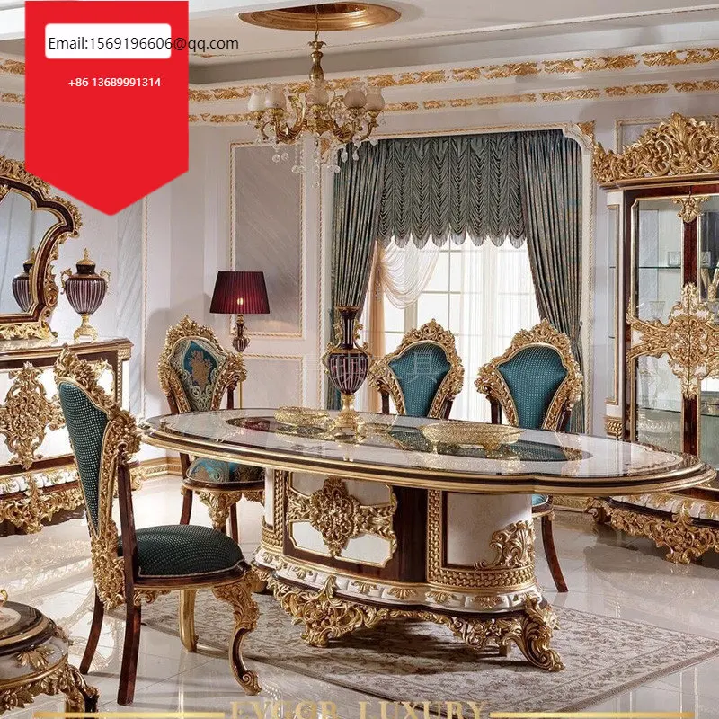 

Custom French court solid wood long dining tables and chairs oval log carved gold foil craft furniture