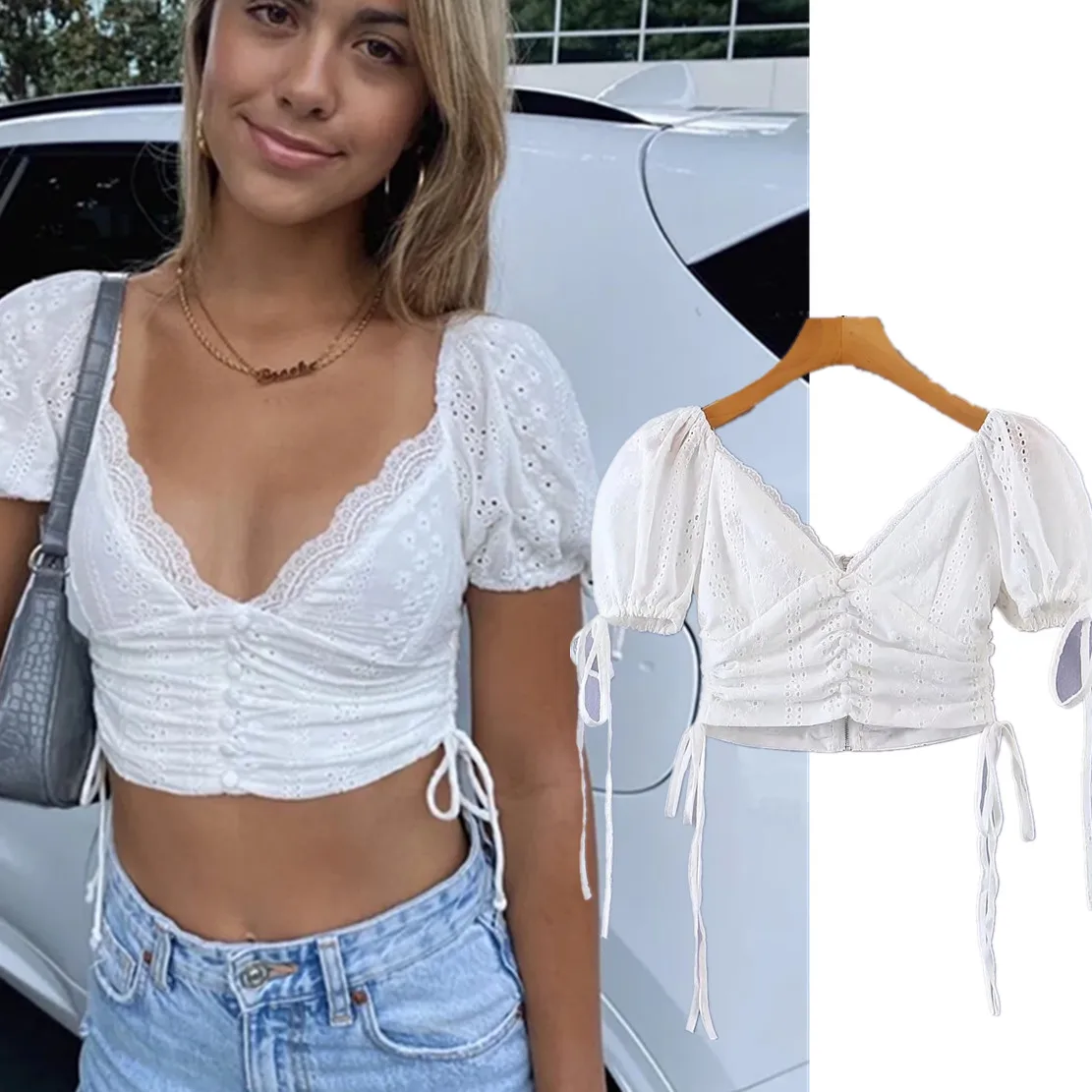 Jenny&Dave 2022 French Style Indie Folk Retro Lace Splicing Embroidery V-neck Short Tops Fashion Sexy Shirt Summer Blouse Women
Jenny&Dave 2022 French Style Indie Folk Retro Lace Splicing Embroidery V-neck Short Tops Fashion Sexy Shirt Summer Blouse Women