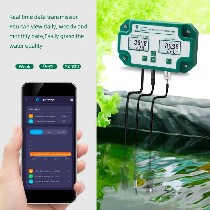 Tuya Wifi 6In1 Water Quality Detector Digital Wifi PH EC TDS SALT S.G.Temp Meter Water Quality Tester Real-time Smart Monitor
Tuya Wifi 6In1 Water Quality Detector Digital Wifi PH EC TDS SALT S.G.Temp Meter Water Quality Tester Real-time Smart Monitor