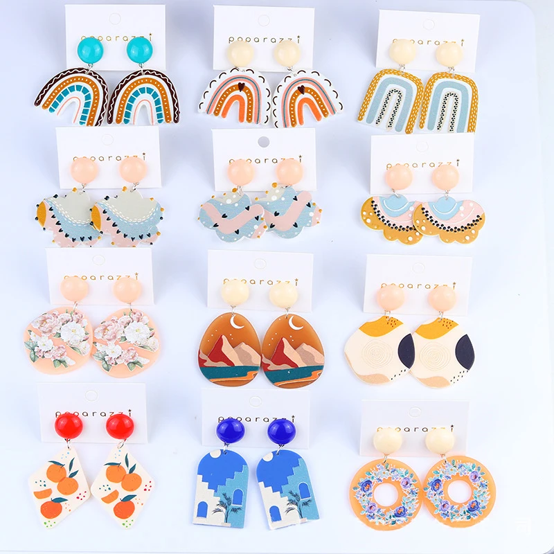 

VSnow Rainbow Contrast Color Geometric Arcylic Dangle Earings for Women Sweet Flower Heart Fruit Party Earings Jewellery