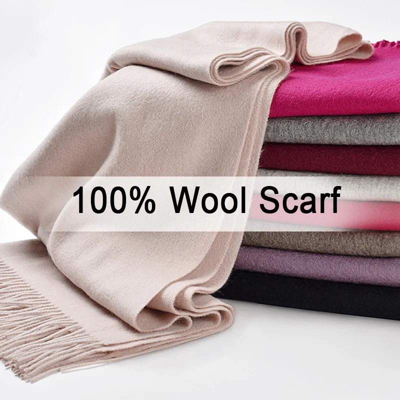 

New 100% Pure Wool Scarf Neck Women Warmer Beige Echarpe Wraps With Tassel Fine Cashmere Scarves For Ladies Large Foulard Femme