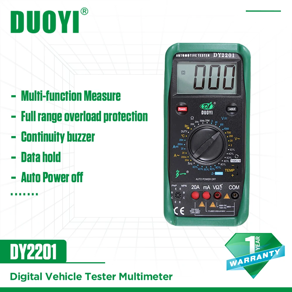 

DUOYI DY2201 Digital Automotive Tester Multimeter 500-10000 RPM Dwell Angle Temperature Meter Multimetro