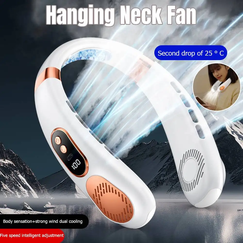 Portable Neck Fan With Ice Ceramic USB Handheld Mute Fan LED Digital Display Leafless Mini Electric Fan with Flashlight 
Portable Neck Fan With Ice Ceramic USB Handheld Mute Fan LED Digital Display Leafless Mini Electric Fan with Flashlight