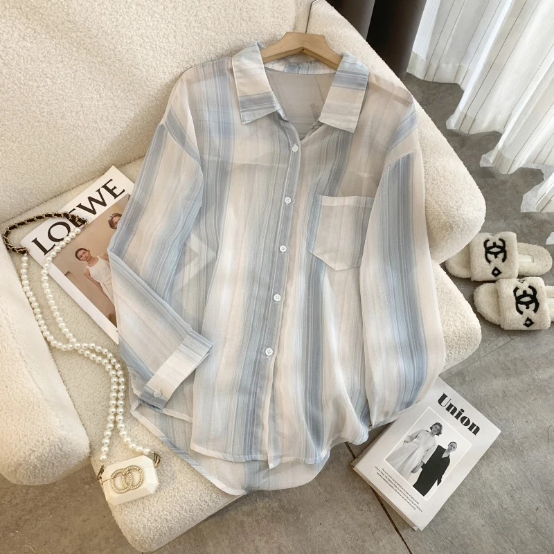 Women's Contrast Stripe Long Sleeve Shirt Spring/Summer New Chic Design Fashion Female Single Breasted Thin Cardigan 
Women's Contrast Stripe Long Sleeve Shirt Spring/Summer New Chic Design Fashion Female Single Breasted Thin Cardigan