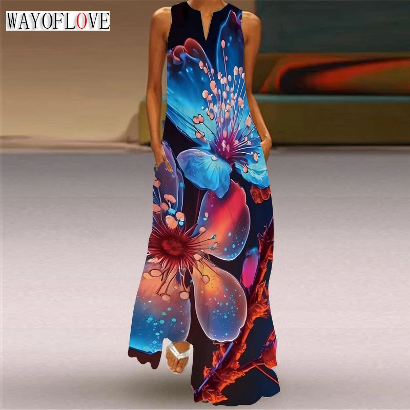 WAYOFLOVE Ladies Spring Summer Black Long Dress Sleeveless V-neck Casual Beach Dresses Elegant Flowers Print Vintage Dress Women 
WAYOFLOVE Ladies Spring Summer Black Long Dress Sleeveless V-neck Casual Beach Dresses Elegant Flowers Print Vintage Dress Women