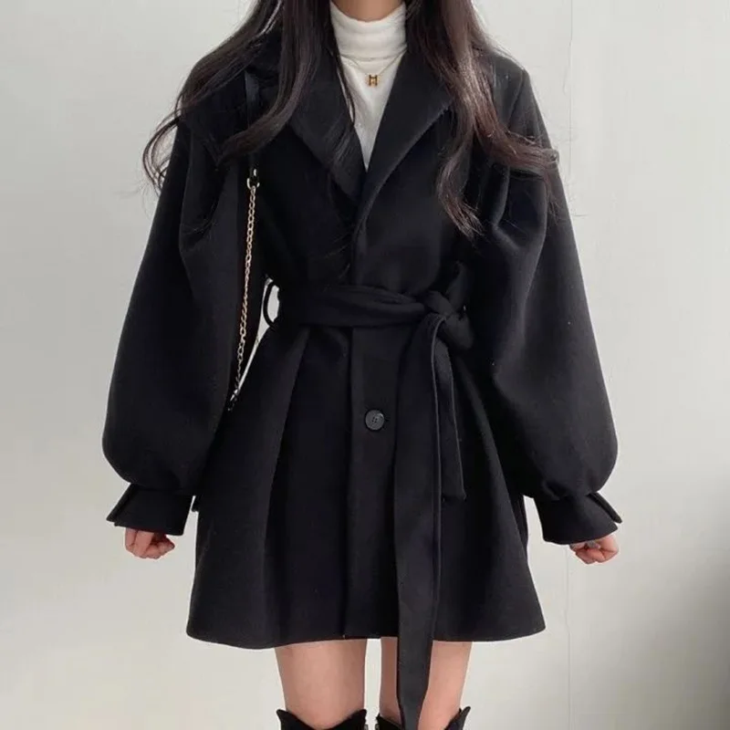 

Женское шерстяное пальто, Корейская однотонная Толстая куртка средней длины с отложным воротником и поясом, модная офисная облегающая верхняя одежда для осени и зимы