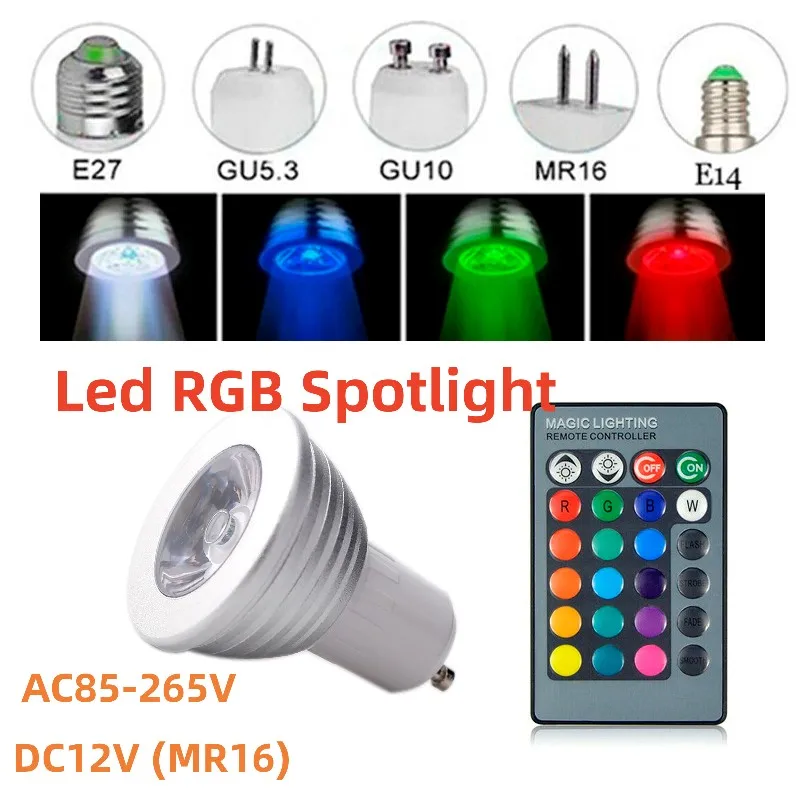 

AC85-265V 12V MR16 E27 E14 GU10 GU5.3 RGB Spotlight 3W Dimmable E27 Led Bulbs with 24keys Remote Light Tubes for Home Decoration