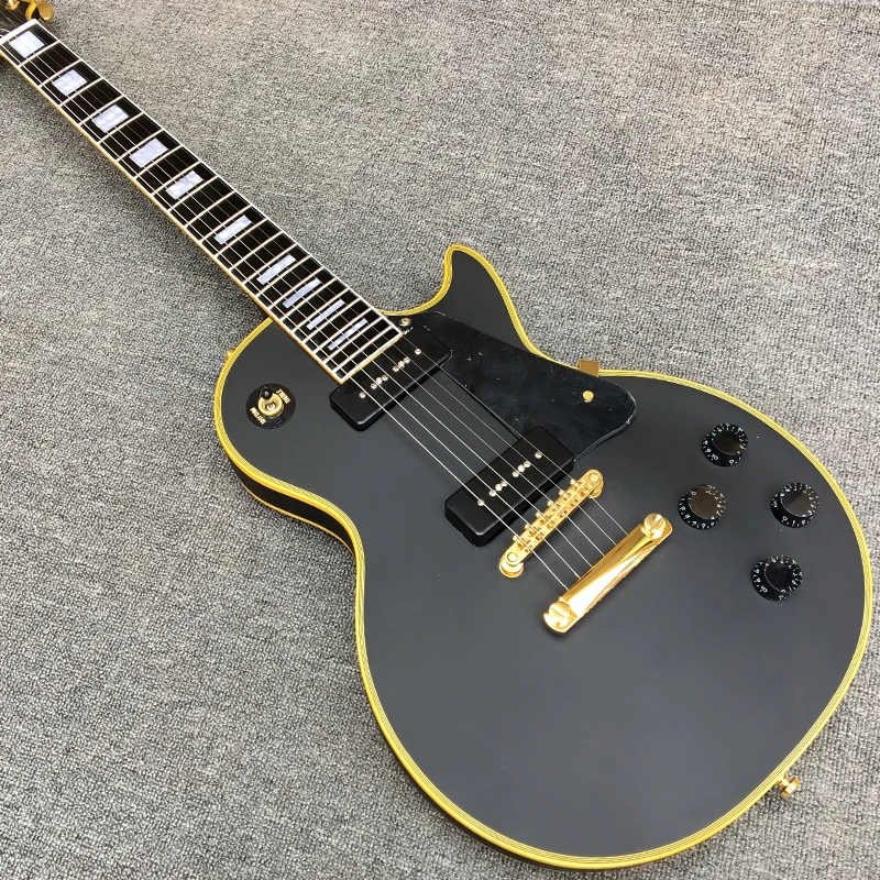 

Custom Satin Black LP Electric Guitar Ebony Fingerboard P90 Pickups Gold Hardware Yellow Binding High Quality Guitarra
