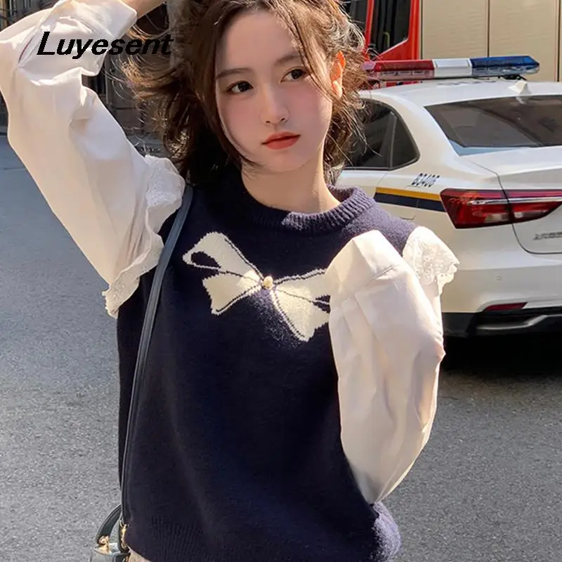Sweet Lady O Neck Pullover Knit Sweater Spring Girl Bow Fake Two Pieces Contrast Color Street Pull Sweaters Korean Fashion Cloth
Sweet Lady O Neck Pullover Knit Sweater Spring Girl Bow Fake Two Pieces Contrast Color Street Pull Sweaters Korean Fashion Cloth