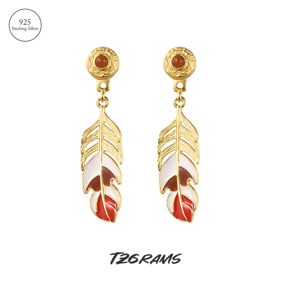 TZgrams 925 Sterling Silver Bohemia Gold Feather Drop Earrings With Natural Red Agate Enamel Earrings Vintage Fashion Jewelry
TZgrams 925 Sterling Silver Bohemia Gold Feather Drop Earrings With Natural Red Agate Enamel Earrings Vintage Fashion Jewelry