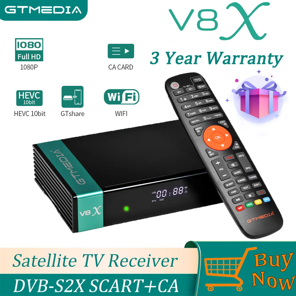 

FTA GTMedia V8X DVB-S2X Satellite TV Receiver 1080P HD Digital Decoder Receptor H.265 HEVC 10bit Built in Wi-Fi CA Card T2MI